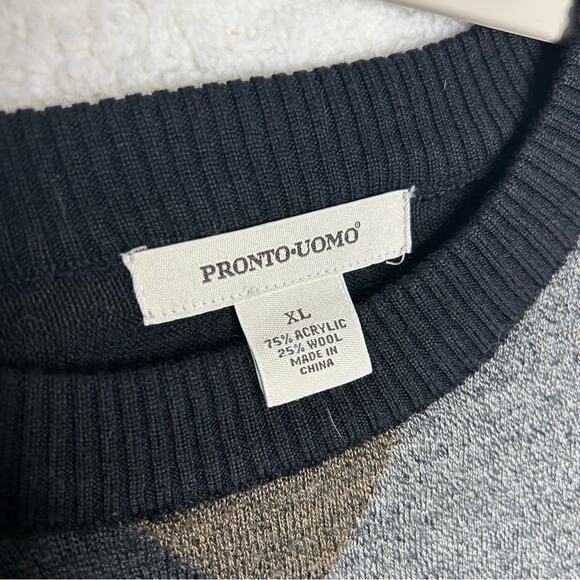 Pronto Uomo Argyle Wool Sweater Black Tan Gray Diamond Print Pullover Size XL - Picture 2 of 4